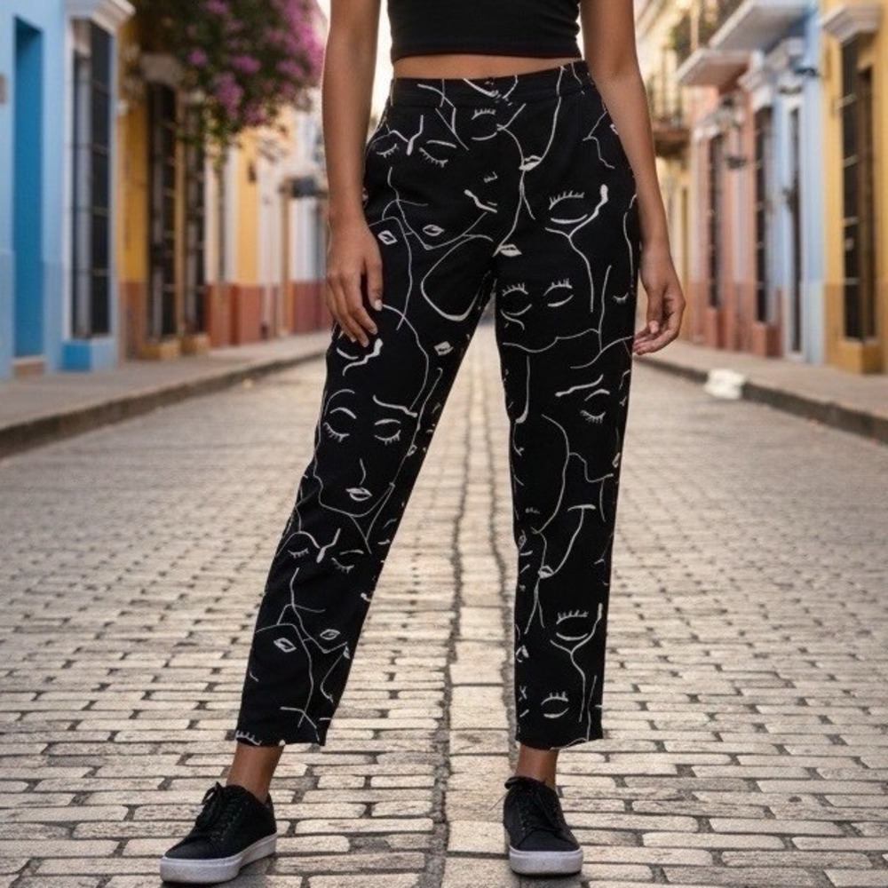Princess Polly Abstract Face Print Pants 12 High Rise Black White Art Y2K Style